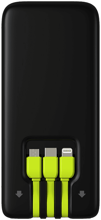 Tappie powerbank met ingebouwde USB-C-, Lightning- en Micro-USB-kabels